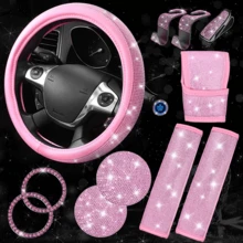 Set de 11 piezas de accesorios de carro color rosa con brillo para mujeres, incluye: Funda de volante con diamantes brillantes, cojín para cinturón de , perilla de cambios con brillo, posavasos y otros accesorios interiores de carro en color rosa - Multicolor - Ver 12