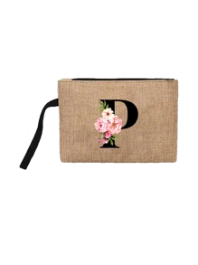 Conjunto com 2 peças: uma bolsa de linho cáqui com iniciais de flores rosa e uma pequena bolsa combinando, simples e elegante, bolsa personalizada para presente de casamento para madrinhas, bolsa de maquiagem, bolsa de viagem simples para armazenamento, carteira de cosméticos de cor sólida, bolsa de maquiagem de viagem com grande capacidade: a combinação perfeita para belezas ao ar livre! Adequada para casamentos, aniversários e praia.