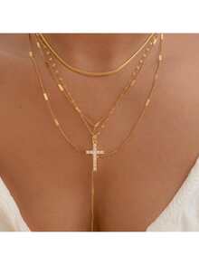 4pcs Fashionable Minimalist Cross Pendant Necklace Set With Tassels And Rhinestones, Suitable For Daily, Dating, Vacation, Party And Beach Wear, Women's Holiday And Date Gift - 4 chiếc - Xem 9