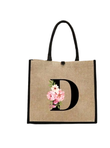 Conjunto com 2 peças: uma bolsa de linho cáqui com iniciais de flores rosa e uma pequena bolsa combinando, simples e elegante, bolsa personalizada para presente de casamento para madrinhas, bolsa de maquiagem, bolsa de viagem simples para armazenamento, carteira de cosméticos de cor sólida, bolsa de maquiagem de viagem com grande capacidade: a combinação perfeita para belezas ao ar livre! Adequada para casamentos, aniversários e praia.