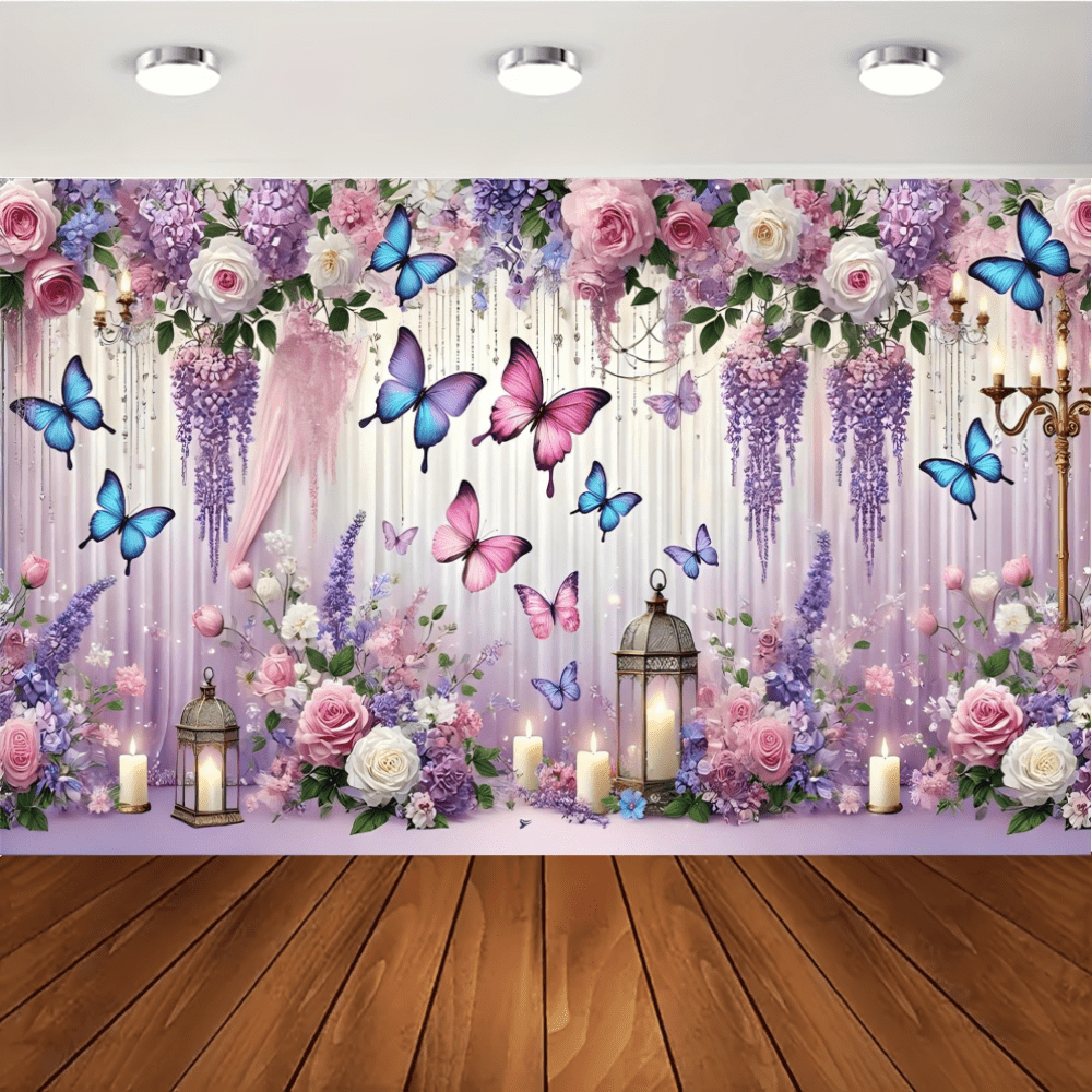 1pc Enchanting Wedding Backdrop Fabric - Durable Polyester Material With Pink White Roses & Lavender Blooms, Romantic Metallic Gold Candleholders & Crystal Candles, Soft Purple Draped Backdrop With Butterfly Accents For Bridal Event Styling, No Electricity Needed