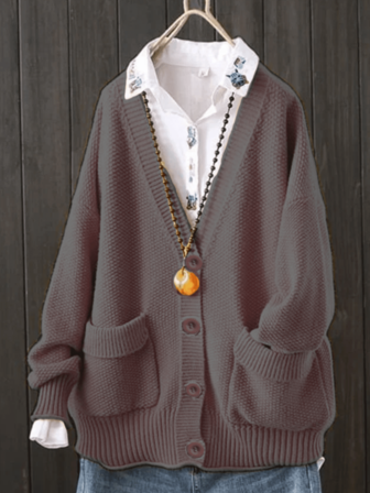 大码V领长袖休闲开衫，纯色，秋冬