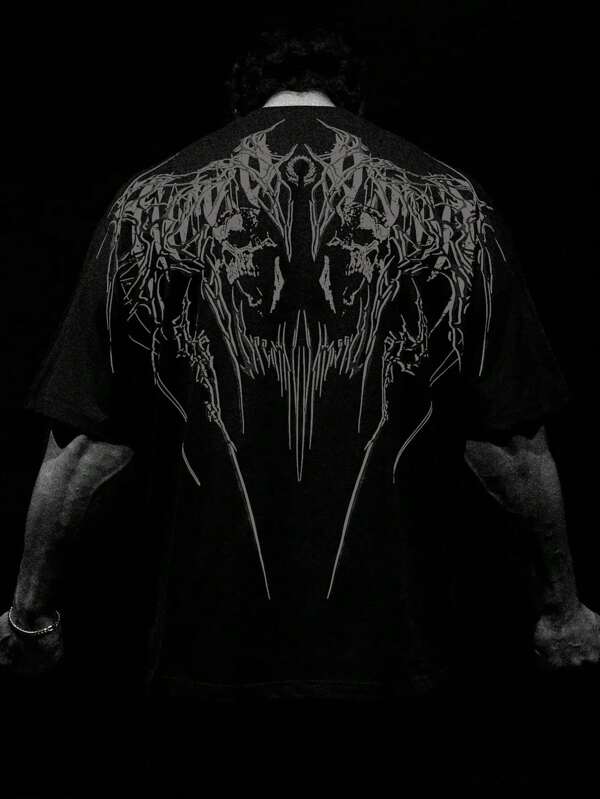 Men's Summer Skull & Letter Print Casual Round Neck Short Sleeve T-Shirt, Polyester Fabric, Suitable For Sports & Fitness
