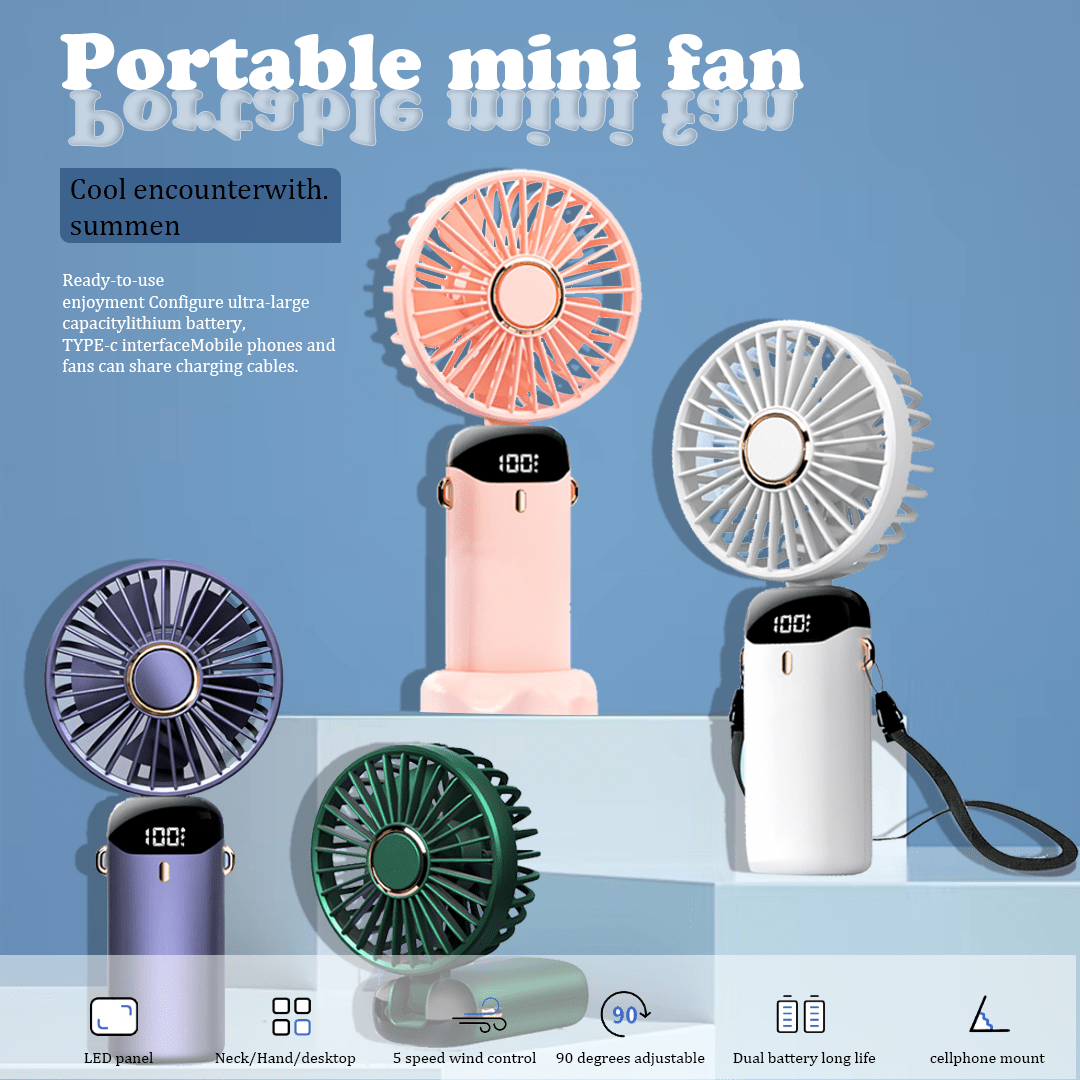 AOYI Ventilador portátil de mano, ventilador mini ajustable de 5 velocidades con almohadilla de enfriamiento de mano para viajes, campamentos y exteriores