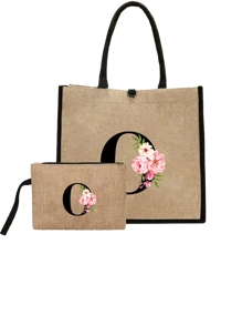 Conjunto com 2 peças: uma bolsa de linho cáqui com iniciais de flores rosa e uma pequena bolsa combinando, simples e elegante, bolsa personalizada para presente de casamento para madrinhas, bolsa de maquiagem, bolsa de viagem simples para armazenamento, carteira de cosméticos de cor sólida, bolsa de maquiagem de viagem com grande capacidade: a combinação perfeita para belezas ao ar livre! Adequada para casamentos, aniversários e praia.