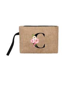 Conjunto com 2 peças: uma bolsa de linho cáqui com iniciais de flores rosa e uma pequena bolsa combinando, simples e elegante, bolsa personalizada para presente de casamento para madrinhas, bolsa de maquiagem, bolsa de viagem simples para armazenamento, carteira de cosméticos de cor sólida, bolsa de maquiagem de viagem com grande capacidade: a combinação perfeita para belezas ao ar livre! Adequada para casamentos, aniversários e praia.