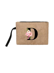 Conjunto com 2 peças: uma bolsa de linho cáqui com iniciais de flores rosa e uma pequena bolsa combinando, simples e elegante, bolsa personalizada para presente de casamento para madrinhas, bolsa de maquiagem, bolsa de viagem simples para armazenamento, carteira de cosméticos de cor sólida, bolsa de maquiagem de viagem com grande capacidade: a combinação perfeita para belezas ao ar livre! Adequada para casamentos, aniversários e praia.