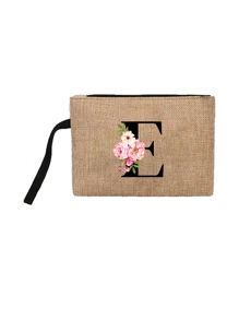 Conjunto com 2 peças: uma bolsa de linho cáqui com iniciais de flores rosa e uma pequena bolsa combinando, simples e elegante, bolsa personalizada para presente de casamento para madrinhas, bolsa de maquiagem, bolsa de viagem simples para armazenamento, carteira de cosméticos de cor sólida, bolsa de maquiagem de viagem com grande capacidade: a combinação perfeita para belezas ao ar livre! Adequada para casamentos, aniversários e praia.