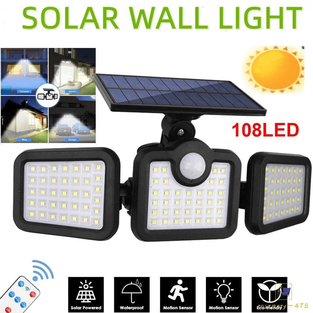 NetHong 3-Kopf Solarleuchte 108 LED PIR Bewegungsmelder Außen Garten Wand Sicherheitslam