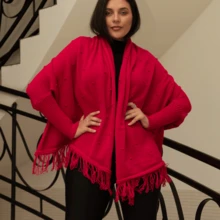 Plus Size Blouse Poncho Kimono Knit Cape Autumn Winter Fringe - 玫紅色 - 查看 2