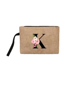 Conjunto com 2 peças: uma bolsa de linho cáqui com iniciais de flores rosa e uma pequena bolsa combinando, simples e elegante, bolsa personalizada para presente de casamento para madrinhas, bolsa de maquiagem, bolsa de viagem simples para armazenamento, carteira de cosméticos de cor sólida, bolsa de maquiagem de viagem com grande capacidade: a combinação perfeita para belezas ao ar livre! Adequada para casamentos, aniversários e praia.