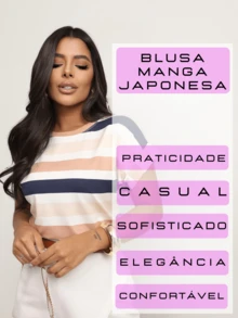 Blusa Feminina Manga Japonesa Dobrada Listrada Charmosa e Estilosa - Azul / Nude - Visão 7