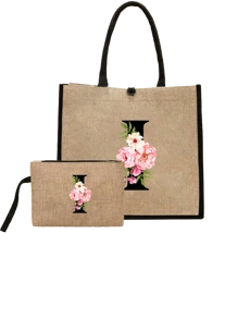 Conjunto com 2 peças: uma bolsa de linho cáqui com iniciais de flores rosa e uma pequena bolsa combinando, simples e elegante, bolsa personalizada para presente de casamento para madrinhas, bolsa de maquiagem, bolsa de viagem simples para armazenamento, carteira de cosméticos de cor sólida, bolsa de maquiagem de viagem com grande capacidade: a combinação perfeita para belezas ao ar livre! Adequada para casamentos, aniversários e praia.