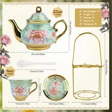 Green European-Style Ceramic Tea Set With Electroplated Coffee Cups & Saucers, 20-Piece Luxury Tableware, Gift Boxed Crockery - Green - View 7