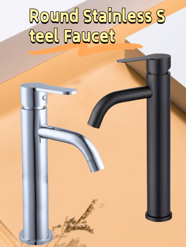 1 pieza Grifo mezclador de agua caliente y fría de acero inoxidable redondo para lavabo, banco de inodoro, lavabo de cara y lavabo de mesa - Duradero, resistente a la corrosión y fácil de instalar (Cromo, Negro, Seleccionable)