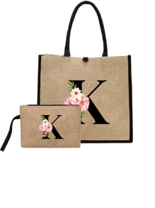 Conjunto com 2 peças: uma bolsa de linho cáqui com iniciais de flores rosa e uma pequena bolsa combinando, simples e elegante, bolsa personalizada para presente de casamento para madrinhas, bolsa de maquiagem, bolsa de viagem simples para armazenamento, carteira de cosméticos de cor sólida, bolsa de maquiagem de viagem com grande capacidade: a combinação perfeita para belezas ao ar livre! Adequada para casamentos, aniversários e praia.