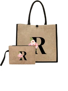 Conjunto com 2 peças: uma bolsa de linho cáqui com iniciais de flores rosa e uma pequena bolsa combinando, simples e elegante, bolsa personalizada para presente de casamento para madrinhas, bolsa de maquiagem, bolsa de viagem simples para armazenamento, carteira de cosméticos de cor sólida, bolsa de maquiagem de viagem com grande capacidade: a combinação perfeita para belezas ao ar livre! Adequada para casamentos, aniversários e praia.
