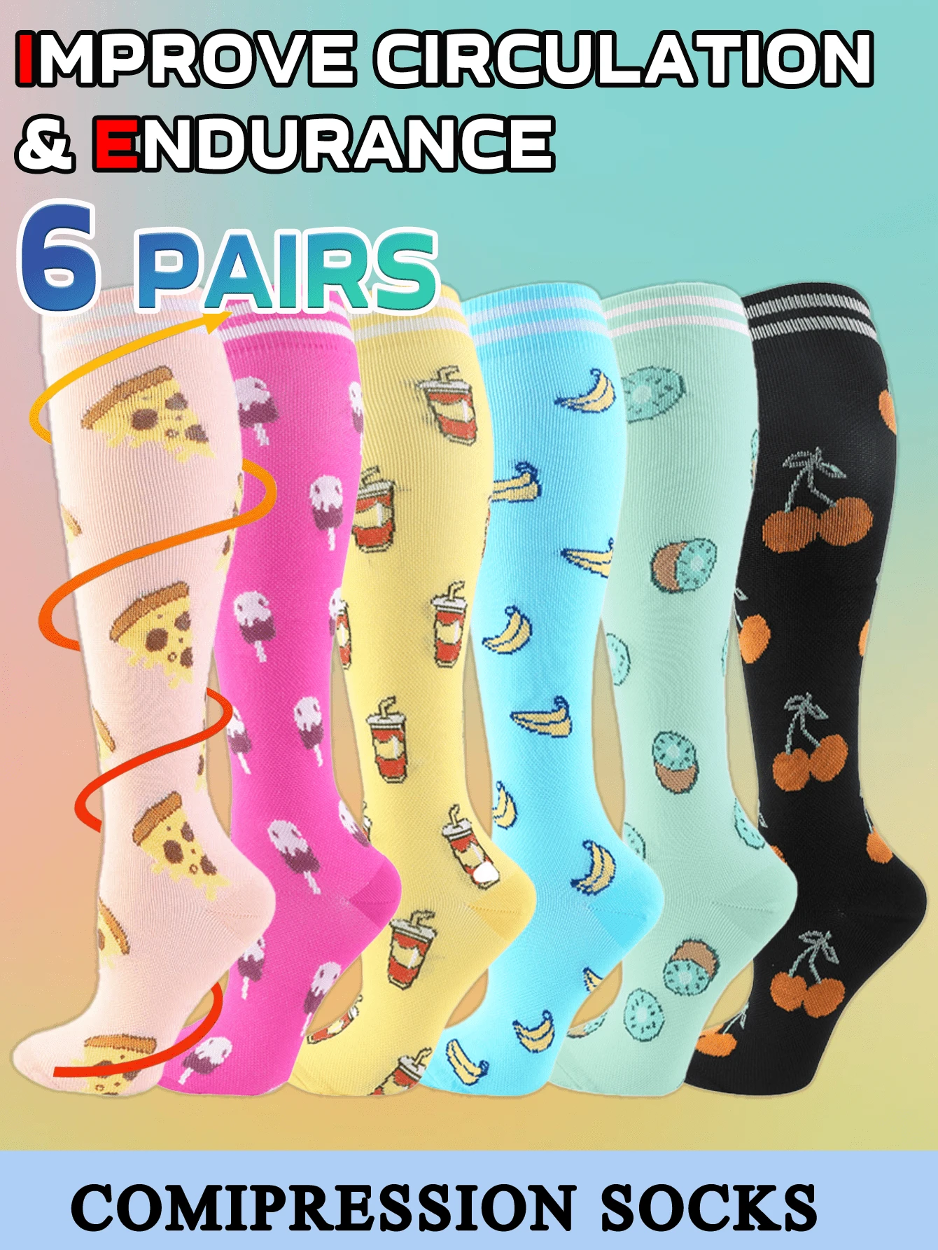 6 Pairs Compression Socks For Active Lifestyles - Breathable Supportive Design For Running, Gym & Marathon Training - Unisex Athletic Socks With Stylish Prints