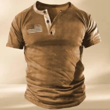 Runcati Mens Casual Button Short Sleeve Henley T-Shirts Patriotic Tactical Military Army Shirts For Men - 卡其色 - 查看 1