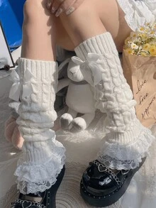 1 Pair Women White Lolita Bowknot Lace Trim Cable Knit Leg Warmers Christmas Gift