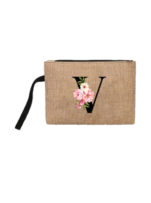 Conjunto com 2 peças: uma bolsa de linho cáqui com iniciais de flores rosa e uma pequena bolsa combinando, simples e elegante, bolsa personalizada para presente de casamento para madrinhas, bolsa de maquiagem, bolsa de viagem simples para armazenamento, carteira de cosméticos de cor sólida, bolsa de maquiagem de viagem com grande capacidade: a combinação perfeita para belezas ao ar livre! Adequada para casamentos, aniversários e praia.