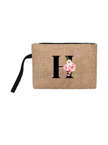Conjunto com 2 peças: uma bolsa de linho cáqui com iniciais de flores rosa e uma pequena bolsa combinando, simples e elegante, bolsa personalizada para presente de casamento para madrinhas, bolsa de maquiagem, bolsa de viagem simples para armazenamento, carteira de cosméticos de cor sólida, bolsa de maquiagem de viagem com grande capacidade: a combinação perfeita para belezas ao ar livre! Adequada para casamentos, aniversários e praia.