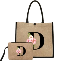 Conjunto com 2 peças: uma bolsa de linho cáqui com iniciais de flores rosa e uma pequena bolsa combinando, simples e elegante, bolsa personalizada para presente de casamento para madrinhas, bolsa de maquiagem, bolsa de viagem simples para armazenamento, carteira de cosméticos de cor sólida, bolsa de maquiagem de viagem com grande capacidade: a combinação perfeita para belezas ao ar livre! Adequada para casamentos, aniversários e praia.
