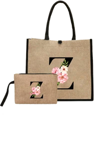 Conjunto com 2 peças: uma bolsa de linho cáqui com iniciais de flores rosa e uma pequena bolsa combinando, simples e elegante, bolsa personalizada para presente de casamento para madrinhas, bolsa de maquiagem, bolsa de viagem simples para armazenamento, carteira de cosméticos de cor sólida, bolsa de maquiagem de viagem com grande capacidade: a combinação perfeita para belezas ao ar livre! Adequada para casamentos, aniversários e praia.