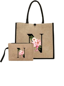 Conjunto com 2 peças: uma bolsa de linho cáqui com iniciais de flores rosa e uma pequena bolsa combinando, simples e elegante, bolsa personalizada para presente de casamento para madrinhas, bolsa de maquiagem, bolsa de viagem simples para armazenamento, carteira de cosméticos de cor sólida, bolsa de maquiagem de viagem com grande capacidade: a combinação perfeita para belezas ao ar livre! Adequada para casamentos, aniversários e praia.