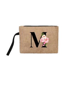 Conjunto com 2 peças: uma bolsa de linho cáqui com iniciais de flores rosa e uma pequena bolsa combinando, simples e elegante, bolsa personalizada para presente de casamento para madrinhas, bolsa de maquiagem, bolsa de viagem simples para armazenamento, carteira de cosméticos de cor sólida, bolsa de maquiagem de viagem com grande capacidade: a combinação perfeita para belezas ao ar livre! Adequada para casamentos, aniversários e praia.