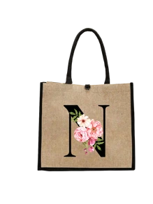 Conjunto com 2 peças: uma bolsa de linho cáqui com iniciais de flores rosa e uma pequena bolsa combinando, simples e elegante, bolsa personalizada para presente de casamento para madrinhas, bolsa de maquiagem, bolsa de viagem simples para armazenamento, carteira de cosméticos de cor sólida, bolsa de maquiagem de viagem com grande capacidade: a combinação perfeita para belezas ao ar livre! Adequada para casamentos, aniversários e praia.