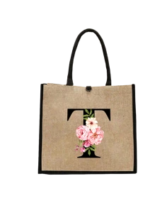 Conjunto com 2 peças: uma bolsa de linho cáqui com iniciais de flores rosa e uma pequena bolsa combinando, simples e elegante, bolsa personalizada para presente de casamento para madrinhas, bolsa de maquiagem, bolsa de viagem simples para armazenamento, carteira de cosméticos de cor sólida, bolsa de maquiagem de viagem com grande capacidade: a combinação perfeita para belezas ao ar livre! Adequada para casamentos, aniversários e praia.