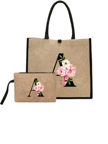 Conjunto com 2 peças: uma bolsa de linho cáqui com iniciais de flores rosa e uma pequena bolsa combinando, simples e elegante, bolsa personalizada para presente de casamento para madrinhas, bolsa de maquiagem, bolsa de viagem simples para armazenamento, carteira de cosméticos de cor sólida, bolsa de maquiagem de viagem com grande capacidade: a combinação perfeita para belezas ao ar livre! Adequada para casamentos, aniversários e praia.