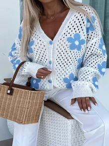 Plus Size Women Floral Hollow-Out Knit Cardigan, Cute And Simple Design, , Long Sleeve, European & American Style