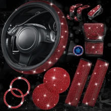 Set de 11 piezas de accesorios de carro color rosa con brillo para mujeres, incluye: Funda de volante con diamantes brillantes, cojín para cinturón de , perilla de cambios con brillo, posavasos y otros accesorios interiores de carro en color rosa - Multicolor - Ver 13