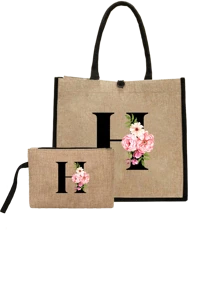 Conjunto com 2 peças: uma bolsa de linho cáqui com iniciais de flores rosa e uma pequena bolsa combinando, simples e elegante, bolsa personalizada para presente de casamento para madrinhas, bolsa de maquiagem, bolsa de viagem simples para armazenamento, carteira de cosméticos de cor sólida, bolsa de maquiagem de viagem com grande capacidade: a combinação perfeita para belezas ao ar livre! Adequada para casamentos, aniversários e praia.