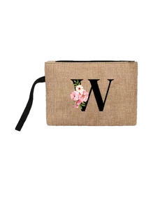 Conjunto com 2 peças: uma bolsa de linho cáqui com iniciais de flores rosa e uma pequena bolsa combinando, simples e elegante, bolsa personalizada para presente de casamento para madrinhas, bolsa de maquiagem, bolsa de viagem simples para armazenamento, carteira de cosméticos de cor sólida, bolsa de maquiagem de viagem com grande capacidade: a combinação perfeita para belezas ao ar livre! Adequada para casamentos, aniversários e praia.
