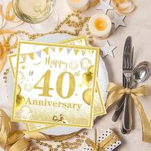 20pcs 40th Wedding Anniversary Party Napkins, Gold Birthday Decorations, 40 Year Theme Birthday Party Tableware Plates Napkins Set, For 40th Wedding Anniversary Party