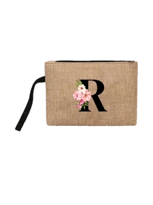 Conjunto com 2 peças: uma bolsa de linho cáqui com iniciais de flores rosa e uma pequena bolsa combinando, simples e elegante, bolsa personalizada para presente de casamento para madrinhas, bolsa de maquiagem, bolsa de viagem simples para armazenamento, carteira de cosméticos de cor sólida, bolsa de maquiagem de viagem com grande capacidade: a combinação perfeita para belezas ao ar livre! Adequada para casamentos, aniversários e praia.