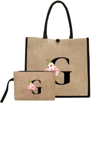 Conjunto com 2 peças: uma bolsa de linho cáqui com iniciais de flores rosa e uma pequena bolsa combinando, simples e elegante, bolsa personalizada para presente de casamento para madrinhas, bolsa de maquiagem, bolsa de viagem simples para armazenamento, carteira de cosméticos de cor sólida, bolsa de maquiagem de viagem com grande capacidade: a combinação perfeita para belezas ao ar livre! Adequada para casamentos, aniversários e praia.