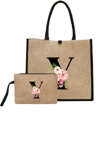 Conjunto com 2 peças: uma bolsa de linho cáqui com iniciais de flores rosa e uma pequena bolsa combinando, simples e elegante, bolsa personalizada para presente de casamento para madrinhas, bolsa de maquiagem, bolsa de viagem simples para armazenamento, carteira de cosméticos de cor sólida, bolsa de maquiagem de viagem com grande capacidade: a combinação perfeita para belezas ao ar livre! Adequada para casamentos, aniversários e praia.