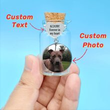 1PC Personalized Pet Memorial Glass Jar With Photo&Fur&Engraved Words,Heart Shape Pet Memorial Fur Bottle Keepsake For Women And Men With Gifts Box