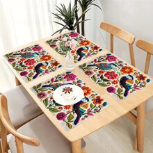 4 Stücke/6 Stücke mexikanische Tischsets ohne Stickerei Muster mit Vögeln und Blumen, modernes bedrucktes Tischset, für Esszimmertisch, Küche, Party, Innenbereich, Feiertage, Abendessen und Heimdekoration (Tischsets) 12x18 Inch