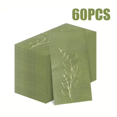 20/60 Unidades Servilletas desechables de estampado en caliente verde de 13 * 15,7 pulgadas con textura y patrones de plantas delicados, adecuadas para decoración de banquetes, bodas, reuniones familiares y restaurantes.