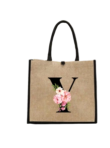Conjunto com 2 peças: uma bolsa de linho cáqui com iniciais de flores rosa e uma pequena bolsa combinando, simples e elegante, bolsa personalizada para presente de casamento para madrinhas, bolsa de maquiagem, bolsa de viagem simples para armazenamento, carteira de cosméticos de cor sólida, bolsa de maquiagem de viagem com grande capacidade: a combinação perfeita para belezas ao ar livre! Adequada para casamentos, aniversários e praia.
