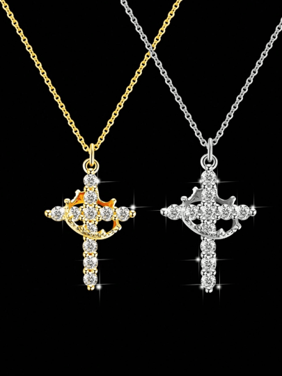 1 Pc 45cm+5cm Stainless Steel Chain With Crown And Cross Pendant Necklace, Suitable For Daily Wear, Gift For Valentine's Day