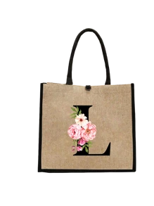 Conjunto com 2 peças: uma bolsa de linho cáqui com iniciais de flores rosa e uma pequena bolsa combinando, simples e elegante, bolsa personalizada para presente de casamento para madrinhas, bolsa de maquiagem, bolsa de viagem simples para armazenamento, carteira de cosméticos de cor sólida, bolsa de maquiagem de viagem com grande capacidade: a combinação perfeita para belezas ao ar livre! Adequada para casamentos, aniversários e praia.