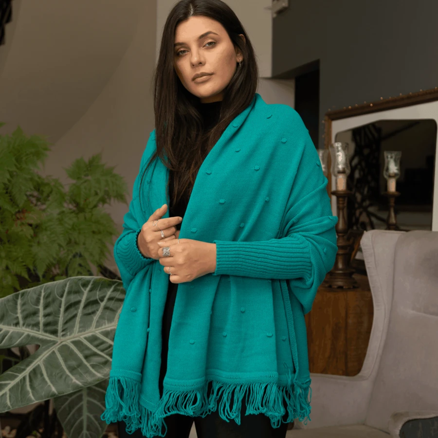 Plus Size Blouse Poncho Kimono Knit Cape Autumn Winter Fringe - 綠色來源 - 查看 1