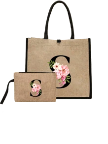 Conjunto com 2 peças: uma bolsa de linho cáqui com iniciais de flores rosa e uma pequena bolsa combinando, simples e elegante, bolsa personalizada para presente de casamento para madrinhas, bolsa de maquiagem, bolsa de viagem simples para armazenamento, carteira de cosméticos de cor sólida, bolsa de maquiagem de viagem com grande capacidade: a combinação perfeita para belezas ao ar livre! Adequada para casamentos, aniversários e praia.