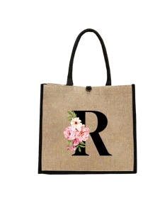 Conjunto com 2 peças: uma bolsa de linho cáqui com iniciais de flores rosa e uma pequena bolsa combinando, simples e elegante, bolsa personalizada para presente de casamento para madrinhas, bolsa de maquiagem, bolsa de viagem simples para armazenamento, carteira de cosméticos de cor sólida, bolsa de maquiagem de viagem com grande capacidade: a combinação perfeita para belezas ao ar livre! Adequada para casamentos, aniversários e praia.